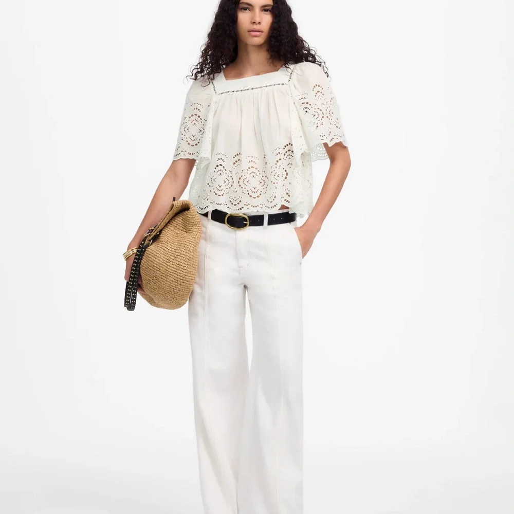 Madewell White Flutter Sleeve Blouse with Eyelet embroidered‎ Details Size M NWT